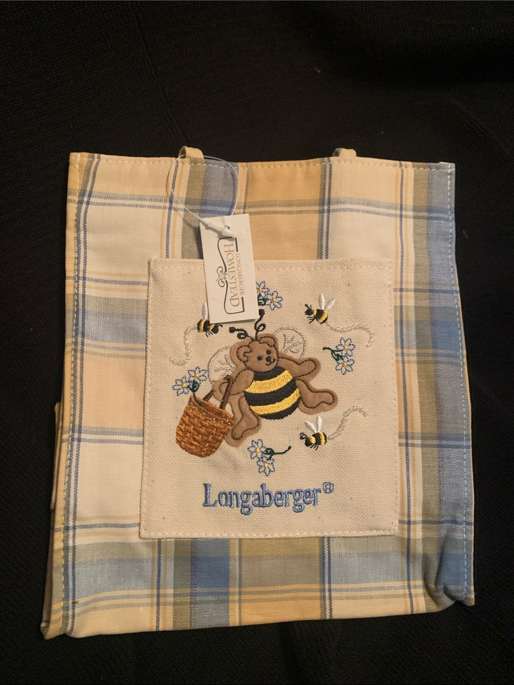 Longaberger Yellow and Blue Plaid Cloth Tote with Bee Bear Embroidery